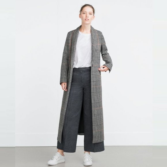 Zara Trafaluc Wool Blend Midi Plaid Check Coat